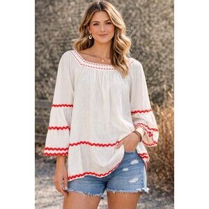 The Impeccable Pig Boho Women’s Top S Red White Stitched Peasant Festival C17